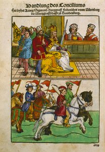 Sigismund Konstanzin kirkolliskokouksessa, teoksesta "Chronik des Konzils von Konstanz" (tussi ja tussi paperille).